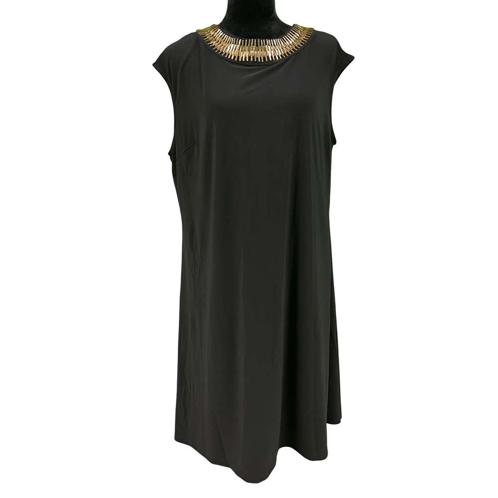 DRESSBARN‎ Plus Size 1X Black Sleeveless Gold Embellish Neckline A Line Stretch